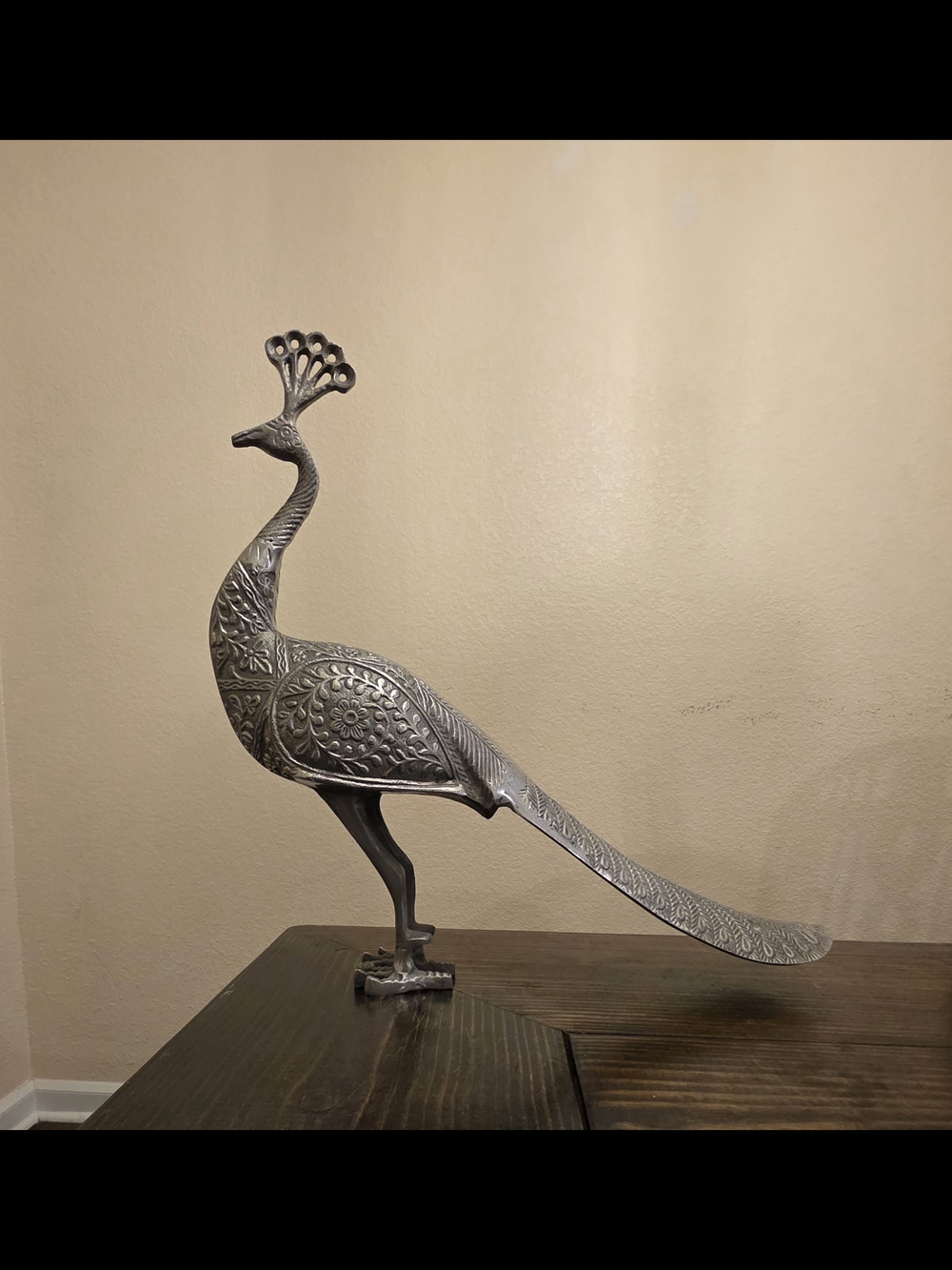 Ornate Silver Peacock Sculpture - Decorative Home Art